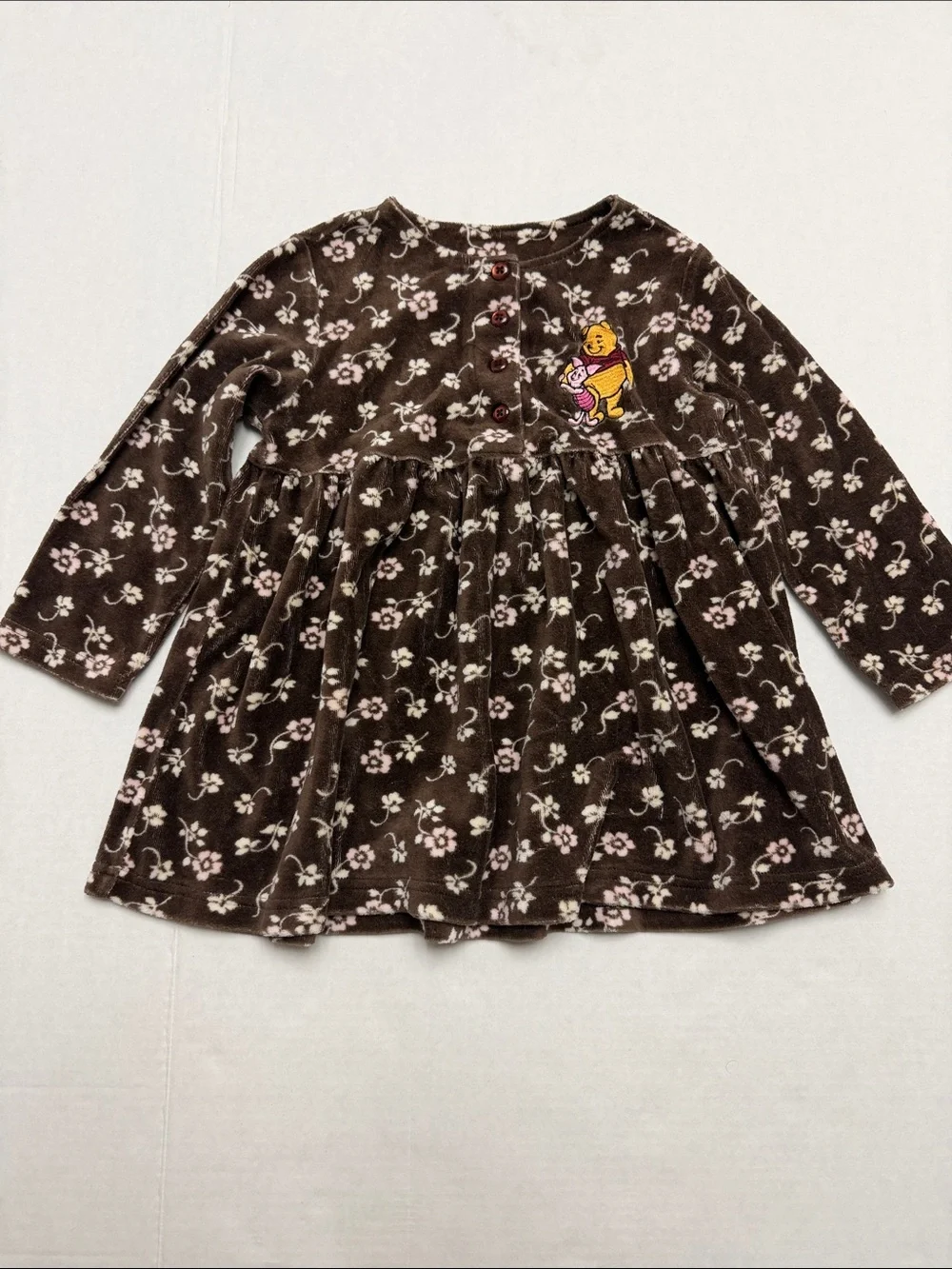 Disney Winnie the Pooh Girls 3T Vintage Brown and Cream Floral Velour Dress